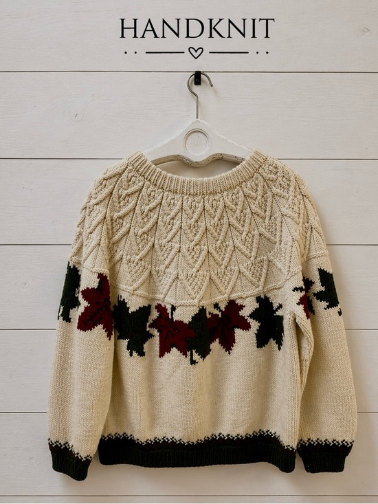 Sweaters - HANDMADE Cream Leaf Pattern Knit Sweater L/XL